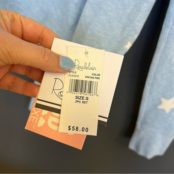 NWT Roudelain Waffle Knit Light Blue Pajama Set Jogger Pants Long Sleeve Small