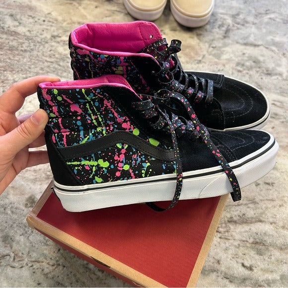 NEW Vans Sk8-Hi Black Neon Splatter High Top Sneakers Size 6