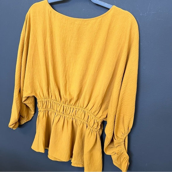 Oddi Mustard Yellow Peplum Bubble Sleeve Blouse Small