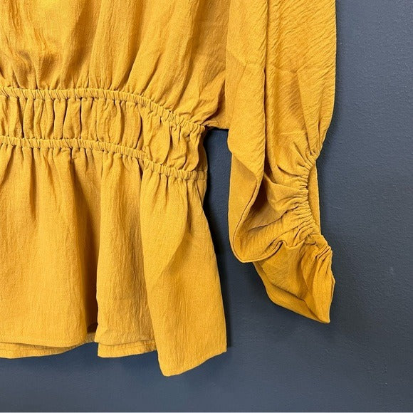 Oddi Mustard Yellow Peplum Bubble Sleeve Blouse Small