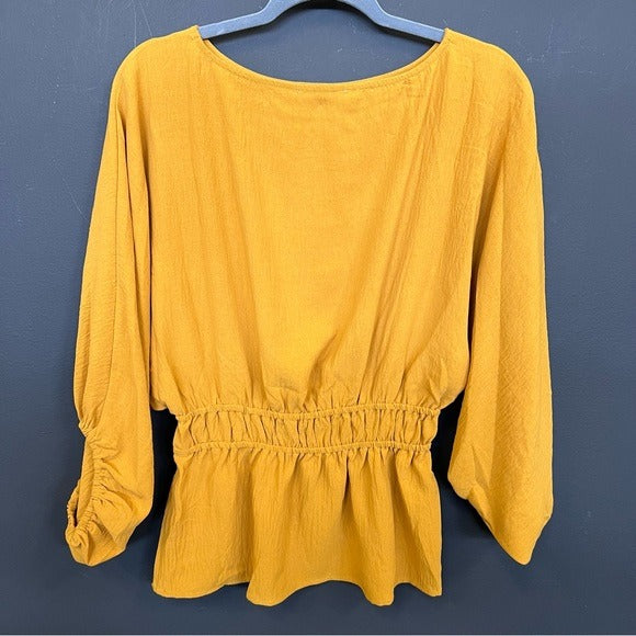 Oddi Mustard Yellow Peplum Bubble Sleeve Blouse Small