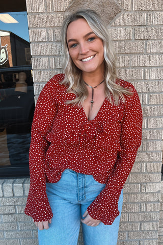 Maroon Ruffle Sleeve V-Neck Blouse