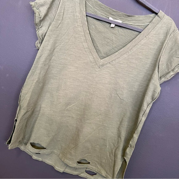 Umgee Olive Green Distressed V-Neck Short Sleeve Top Small