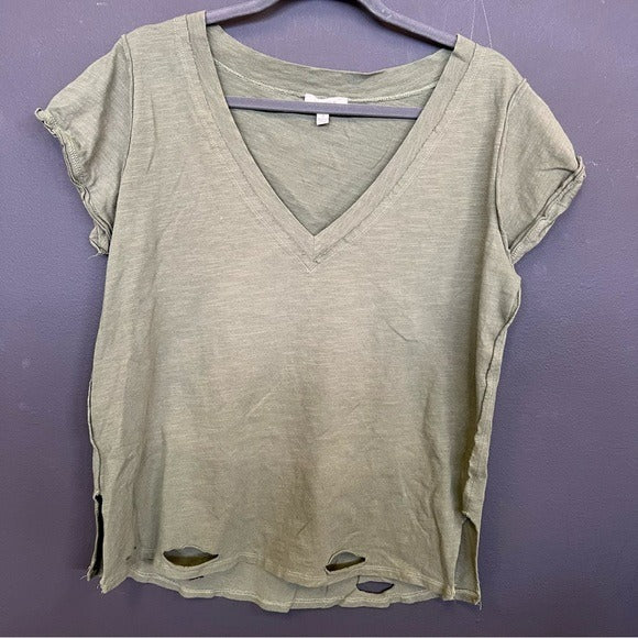 Umgee Olive Green Distressed V-Neck Short Sleeve Top Small