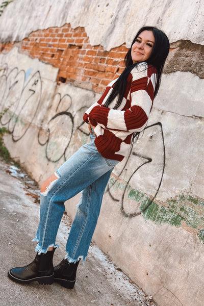 Cream + Burgundy Chunky Checkered Sweater