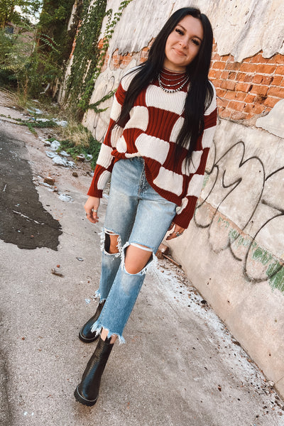 Cream + Burgundy Chunky Checkered Sweater