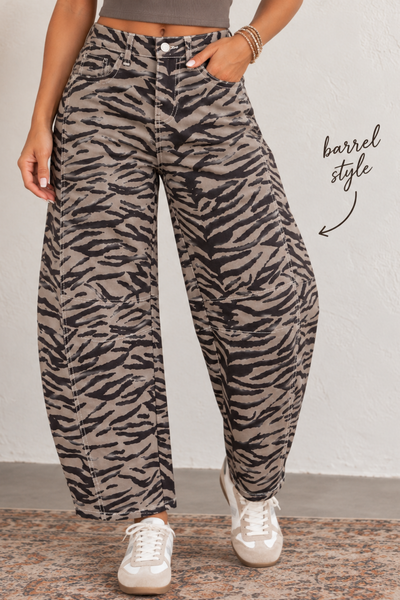 Wild Side Zebra Print Barrel Jeans