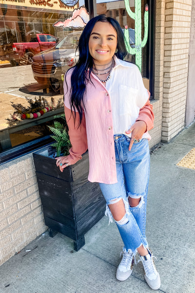 Pink + Mauve Color Block Button Down Top