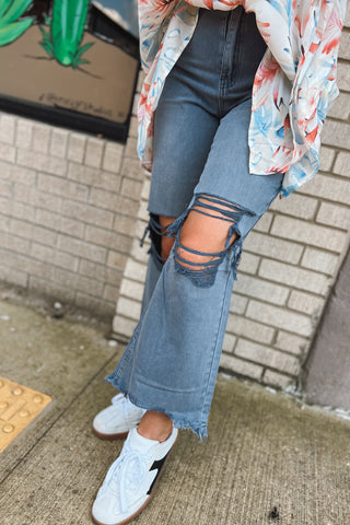 Acid Wash Distressed Cropped Jeans - Blackberry