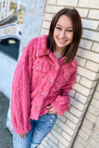 Cable Pattern Fur Fleece Shacket - Pink