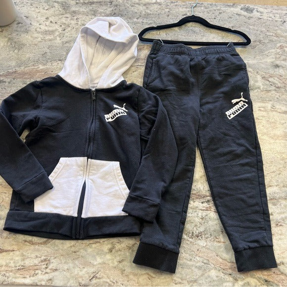 Puma Boys 2 Piece Set Black + White Full Zip Jacket + Joggers Size 6