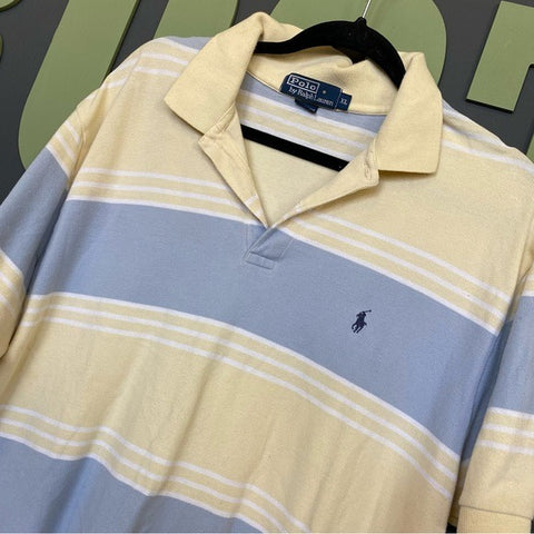 Polo by Ralph Lauren Men's Blue + Yellow Striped Short Sleeve Collared Top XL