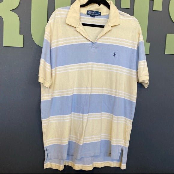 Polo by Ralph Lauren Men's Blue + Yellow Striped Short Sleeve Collared Top XL