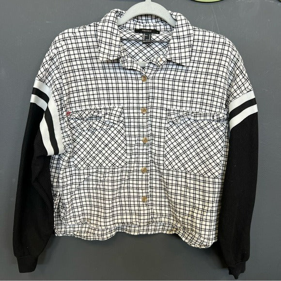 Forever 21 Black + White Plaid Flannel Button Down Waffle Sleeve Crop Top Small