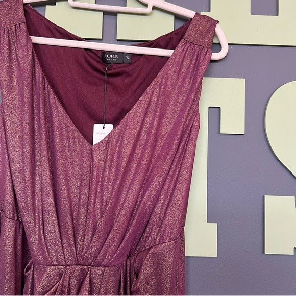 NWT Igigi Metallic Shimmer Maroon V-Neck Midi Dress Size 14/16