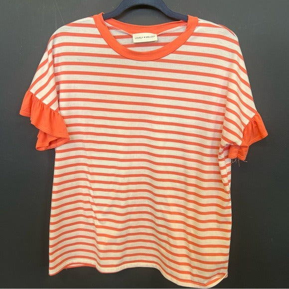 Lovely Melody Boutique Coral + White Striped Ruffle Sleeve Blouse Large