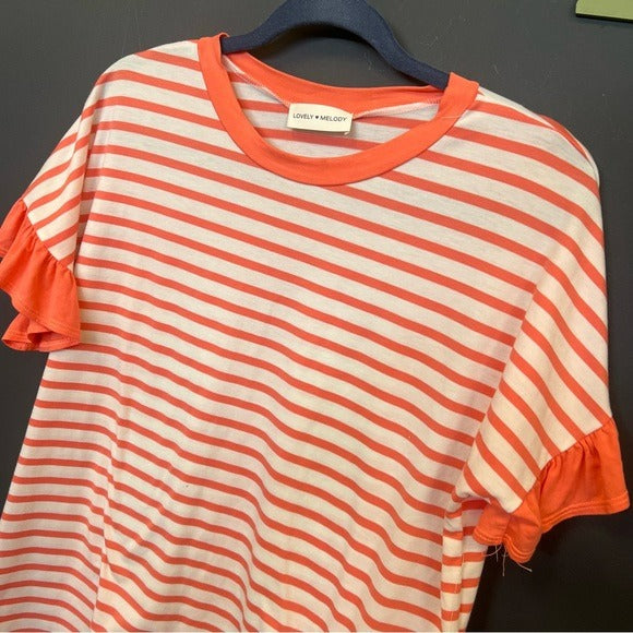 Lovely Melody Boutique Coral + White Striped Ruffle Sleeve Blouse Large