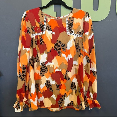 NWT Boutique Multi Color Animal Print Long Sleeve Blouse Large