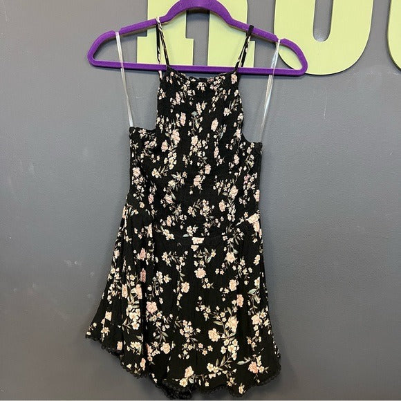 American Eagle Outfitters Floral Black Ruffle Smocked Romper Size Small