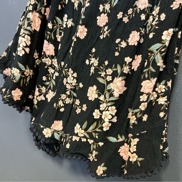 American Eagle Outfitters Floral Black Ruffle Smocked Romper Size Small