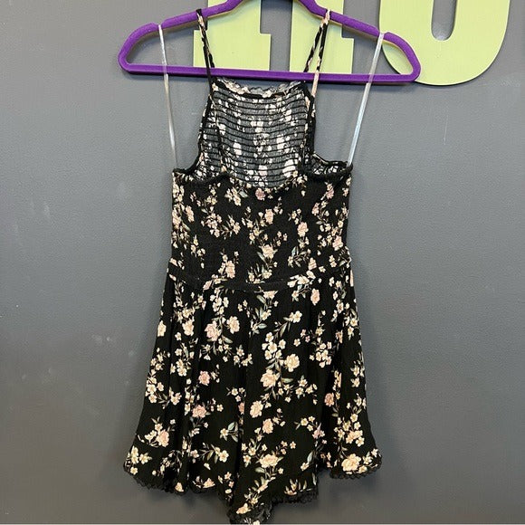 American Eagle Outfitters Floral Black Ruffle Smocked Romper Size Small