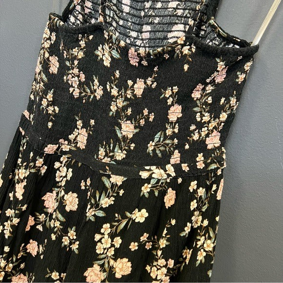 American Eagle Outfitters Floral Black Ruffle Smocked Romper Size Small