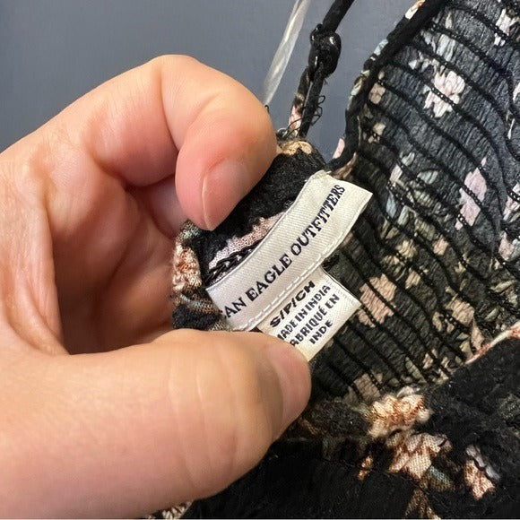 American Eagle Outfitters Floral Black Ruffle Smocked Romper Size Small