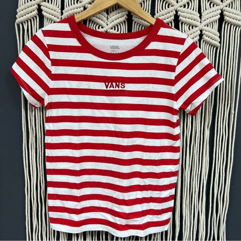 VANS Red + White Striped Embroidered Graphic Baby Tee Size Small