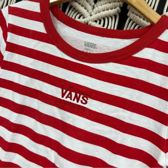 VANS Red + White Striped Embroidered Graphic Baby Tee Size Small