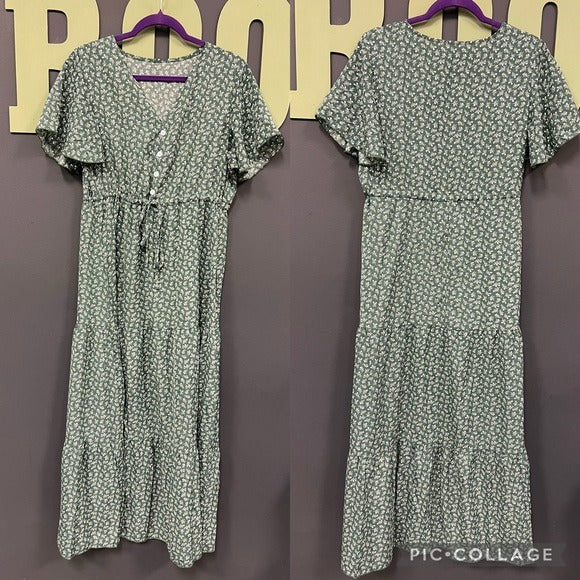 Sage Green Floral V-Neck Maxi Dress Size Large