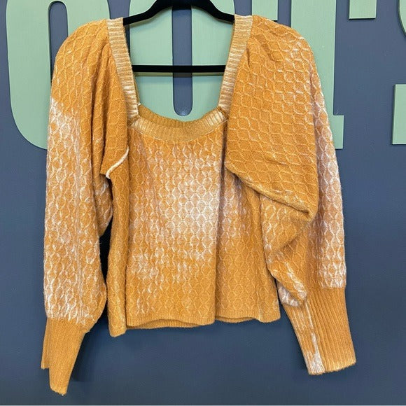 Willow + Root Orange Bubble Sleeve Knit Square Neck Sweater XL