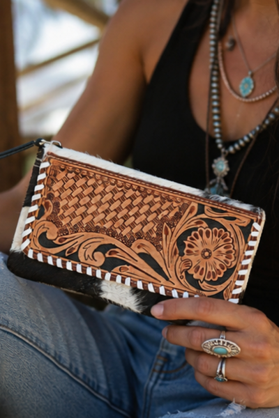Tooled Leather + Cowhide Wallet