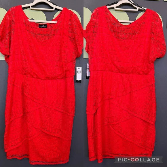 AGB Dress Lace Knit Lined Ruffle Tiered Short Sleeve Red Dress Size 16W