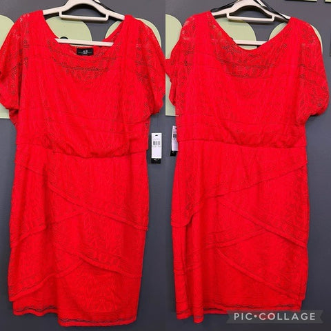 AGB Dress Lace Knit Lined Ruffle Tiered Short Sleeve Red Dress Size 16W