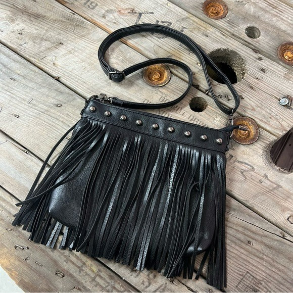 NEW Leather Black Fringe Crossbody