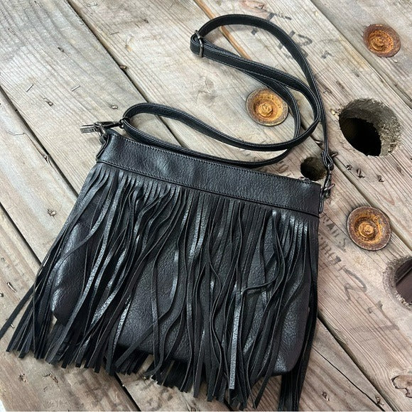 NEW Leather Black Fringe Crossbody