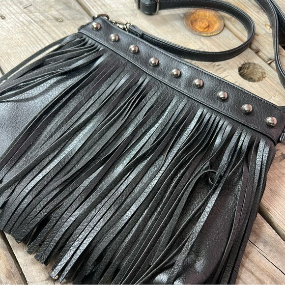 NEW Leather Black Fringe Crossbody