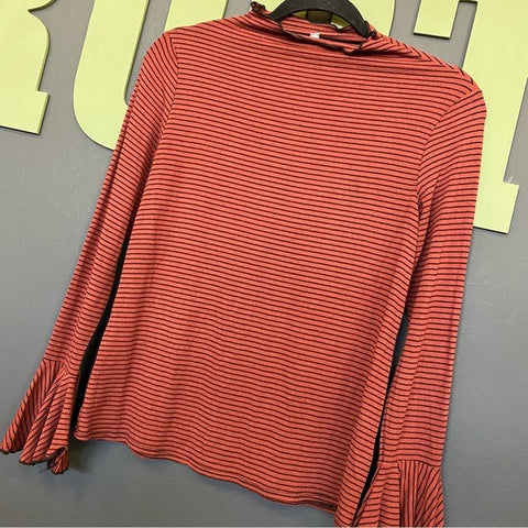 Rust + Black Striped Bell Sleeve Ruffle Neck Top Small