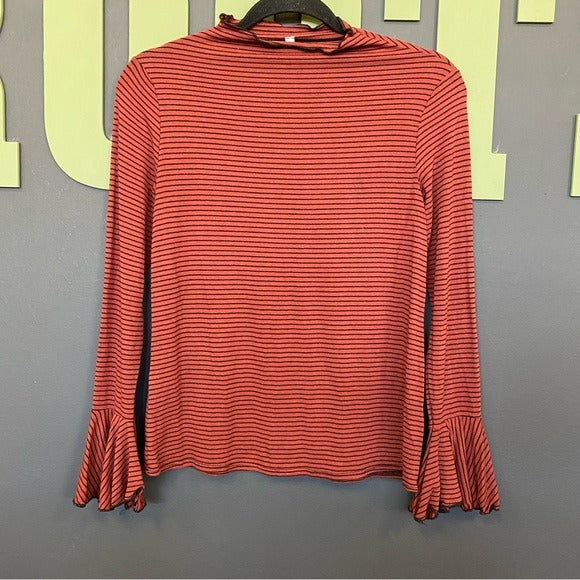 Rust + Black Striped Bell Sleeve Ruffle Neck Top Small