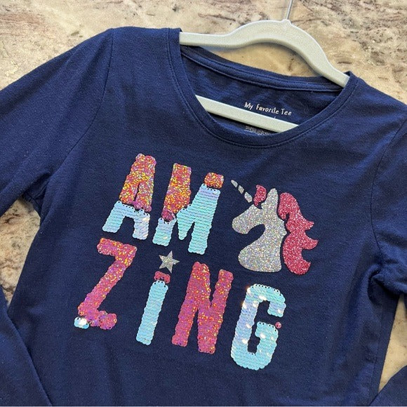 Girls “Amazing” Sequin Unicorn Navy Long Sleeve Graphic Tee Size 7/8