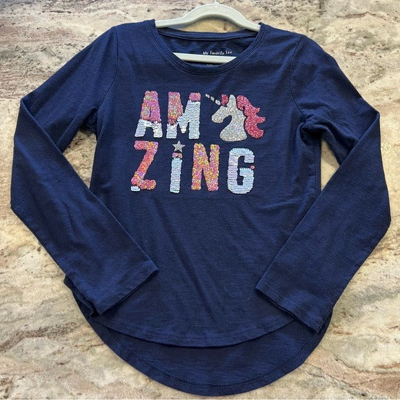 Girls “Amazing” Sequin Unicorn Navy Long Sleeve Graphic Tee Size 7/8