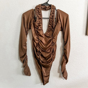 Brown Halter Neck Long Sleeve Bodysuit 2XL