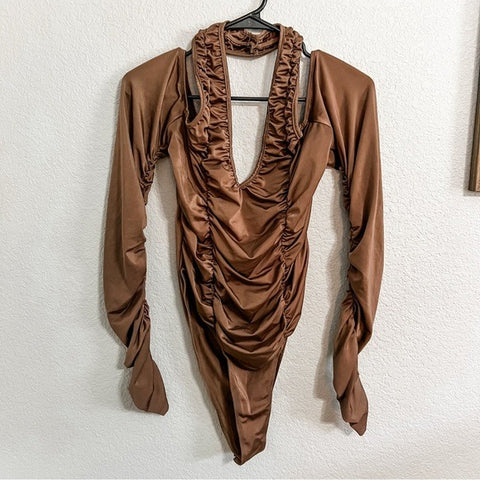 Brown Halter Neck Long Sleeve Bodysuit 2XL