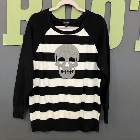 Torrid Black & White Striped Skeleton Skull Print Pullover Sweater Size 1