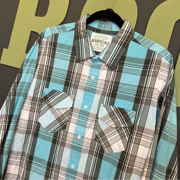 Aeropostale Blue + Gray Plaid Button Down Top
