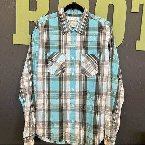 Aeropostale Blue + Gray Plaid Button Down Top