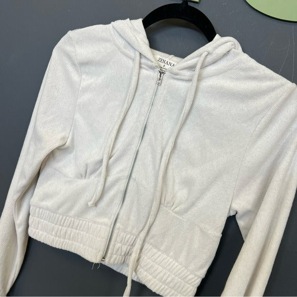 Zenana White French Terry Cloth Full Zip Hooded Cropped Jacket Small