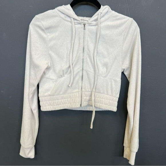 Zenana White French Terry Cloth Full Zip Hooded Cropped Jacket Small