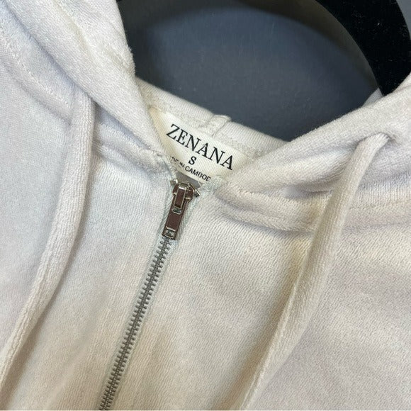 Zenana White French Terry Cloth Full Zip Hooded Cropped Jacket Small