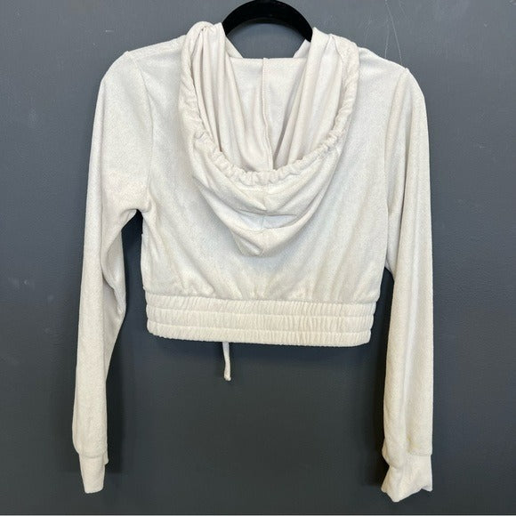 Zenana White French Terry Cloth Full Zip Hooded Cropped Jacket Small